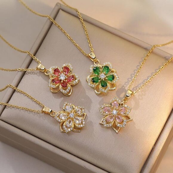 Women Gold Flower Fidget Green Necklace Rotatable Crystal Blossom Pendant - Picture 6 of 7